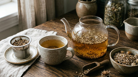 Une tasse en céramique et une théière en verre sur une table en bois, l’eau chaude qui prend lentement sa couleur