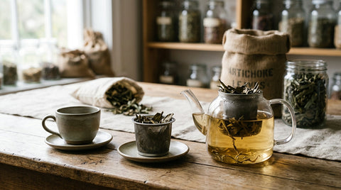 Une tasse en céramique et une théière en verre sur une table en bois, l’eau chaude qui prend lentement sa couleur