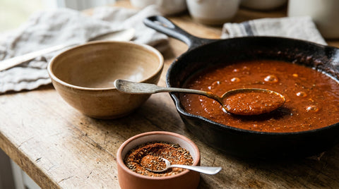 Une casserole en fonte sur un plan de travail en bois, une assiette creuse à côté, une cuillère qui prélève une sauce épaisse