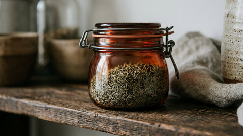 Un bocal en verre teinté muni d’un joint, rempli de thym séché, posé fermé sur une étagère sombre en bois