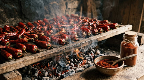 Gros plan sur des piments rouges entiers disposés sur une claie en bois au-dessus d’un feu de braises fumantes